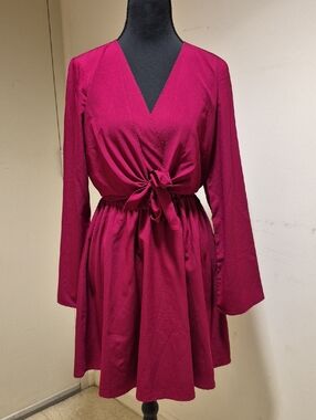 Burgundy Tie-Front Long Sleeve Dress